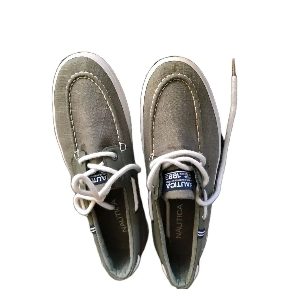 Nautica Boat Deck Shoes Malad Men's Size 7.5 Olive Lace up Slip On Great!
